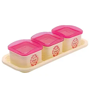 Trueware Daffodil Storage Container 500 ml (Set of 3 pcs with tray) Unbreakable Airtight Cookies Dryfruit Container set for Serving- Pink