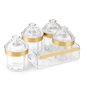 Trueware Kimora Serving Set Of 4 Pcs With Tray -Gold Cyrstal Cut Pattern Plastic Dry Fruit Jars500ml Each Unbreakable Container