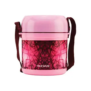 Trueware Office 2 Lunch Box 3 Stainless Steel Containers Tiffin Insulated Lunch Box Outer Plastic Body BPA Free|300 ml x 2 200 ml x 1|-Pink