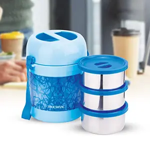 Trueware Office 3 Lunch Box 3 Stainless Steel Containers Tiffin Insulated Lunch Box Outer Plastic Body BPA Free|300 ml x 3-Blue