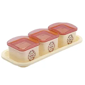 Trueware Daffodil Storage Container 500 ml (Set of 3 pcs with tray) Unbreakable Airtight Cookies Dryfruit Container set for Serving- Beige