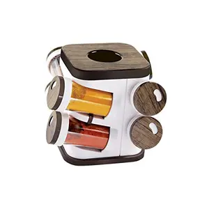 Trueware 360 Degree Revolving Spice Rack 8 in 1 Square Wooden Finish Plastic Container|Condiment Set|100ml Each Spice Jar