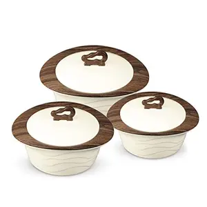 Trueware Zinna Fusion Inner Stainless Steel Solid Casserole with Wooden Finish Top Set of 3 750 ml +1000 ml +1500 ml - Brown.