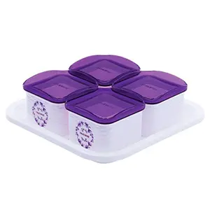 Trueware Daffodil Storage Container 500 ml (Set of 4 pcs with tray) Unbreakable Airtight Cookies Dryfruit Container set for Serving-Purple