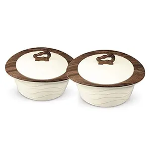 Trueware Zinna Fusion Serving Casserole Set of 2 750 ml +1000 ml -Brown Inner Stainless Steel Casserole with Wooden Finish Top