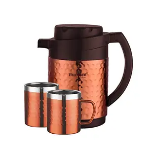 Trueware Phoenix Plus Hammer Flask 800 Stainless Steel Double Wall Insulated Bottle/Jug with Double Wall Insulated 2 Mugs Thermos Hot and Cold Jug -750mlCopper