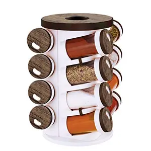 Trueware 360 Degree Revolving Spice Rack 16 in 1 Wooden Round Plastic Container|Condiment Set|100ml Each Spice Jar