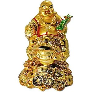 Resin Laughing Buddha with Money Frog on Bed of Wealth Standard Gold 1 Piece