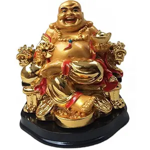 Laughing Buddha On Chair with Ingot and Money Coin for Health Wealth and Happiness Size 13 cm