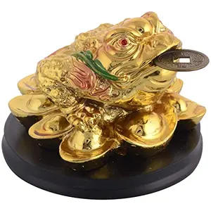 Polyresin Money Frog Legged Toad Hold Two Ingots On A Pile Of Money For Wealth Luck Standard Gold
