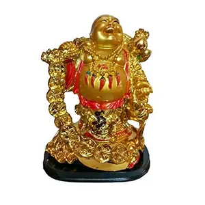 Standing Laughing Buddha with Coin Chain for Good Luck Success Golden Color 17 cm Set of 1 Piece