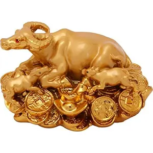 Wish Fulfilling Cow with Calf On Lucky Coins (Small) in Golden Colour Wealth Cow Showpiece - 5 cm
