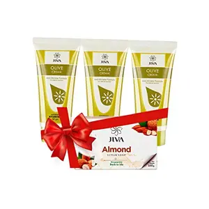 JIVA Olive Cream (50 gm) Pack of 3 with Almond Soap Single Free