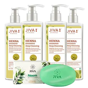Jiva Henna Shampoo (200 ml) Pack of 4 with Neem Soap Single Free
