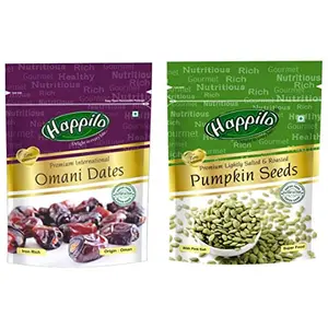 Happilo Premium International Omani Dates 250g + Premium Pumpkin Seeds - Roasted Lightly Salted Pouch 200 g