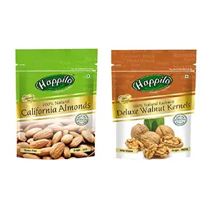 Happilo 100% Natural Premium Californian Almonds 200g & Deluxe 100% Natural Kashmiri Walnut Kernels 200g Combo