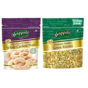 Happilo 100% Natural Premium Whole Cashews 200g + Premium Seedless Green Raisins Value Pack Pouch 500 g
