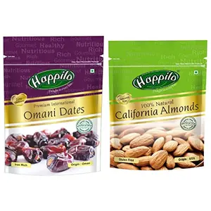 Happilo Premium International Omani Dates 250g + 100% Natural Premium Californian Almonds 200g (Pack of 2)