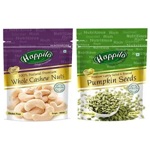 Happilo 100% Natural Premium Whole Cashews 200g + Premium Pumpkin Seeds - Roasted Lightly Salted Pouch 200 g