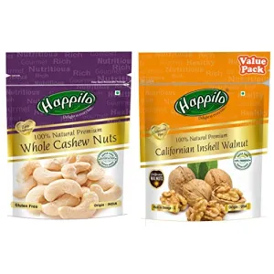 Happilo 100% Natural Premium Whole Cashews 200g + Premium 100% Natural Californian Inshell Walnut Kernels Value Pack Pouch 500 g