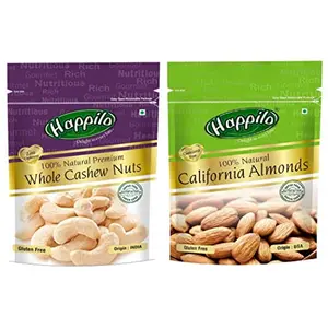 Happilo 100% Natural Premium Whole Cashews 200g + 100% Natural Premium Californian Almonds 200g (Pack of 2)