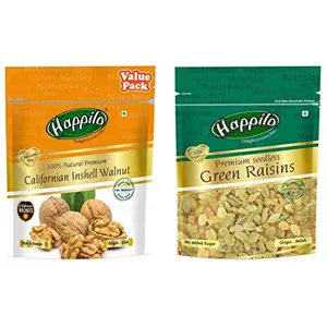 Happilo Premium 100% Natural Californian Inshell Walnut Kernels Value Pack Pouch 500 g + Premium Seedless Raisins 250g (Pack of 2)