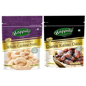 Happilo 100% Natural Premium Whole Cashews 200g + Premium International Queen Kalmi Dates 200g (Pack of 2)