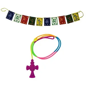 Car Rear View Mirror Hanging Interior Decor Accessories Jesus on Cross Pendant Amulet Talisman for Protection and Buddhist Om Mani Padme Hum Positive Vibes Prayer Flags; Purple