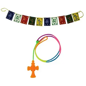 Car Rear View Mirror Hanging Interior Decor Accessories Jesus on Cross Pendant Amulet Talisman for Protection and Buddhist Om Mani Padme Hum Positive Vibes Prayer Flags; Orange
