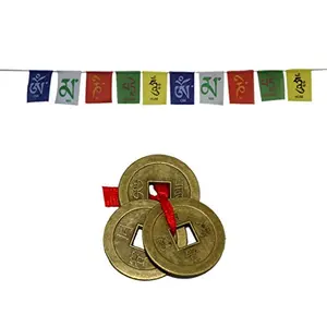 Combo of Prayer Flag for Home and Three Chinese Lucky Coins