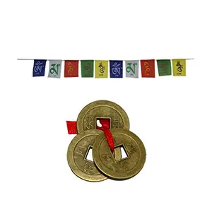 Combo of Buddhist Prayer Flags for Motorbike and Three Chinese Coins