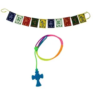 Car Rear View Mirror Hanging Interior Decor Accessories Jesus on Cross Pendant Amulet Talisman for Protection and Buddhist Om Mani Padme Hum Positive Vibes Prayer Flags; Blue