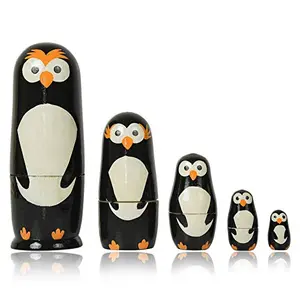 Set of 5 Piece Hand Paints Matryoshka Traditional Russian Nesting Stacking Wooden Owl Decor Black Nested Dolls Christmas