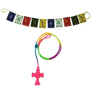 Car Rear View Mirror Hanging Interior Decor Accessories Jesus on Cross Pendant Amulet Talisman for Protection and Buddhist Om Mani Padme Hum Positive Vibes Prayer Flags; Pink
