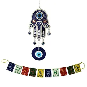 Combo of Turkish Hamsa Hand Evil Eye Pendant Amulet Wall Hanging Buri Nazar Battu & Buddhist Om Mani Padme Hum Positive Vibes Prayer Flags for Car/Motorbike - 3 Feet Multicolor