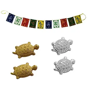 Japanese Lucky Charm Money Turtles Home Decor 2 Pairs & Buddhist Himalayan Nepali Positive Vibes 3 Feet Prayer Flags for Motorbike/Car Hanging Accessories - Multicolor