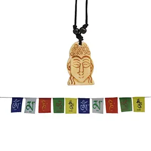 Combo of Gautam Buddha Head Pendant Necklace and Tibetian Buddhist Prayer Flags for Motorbike