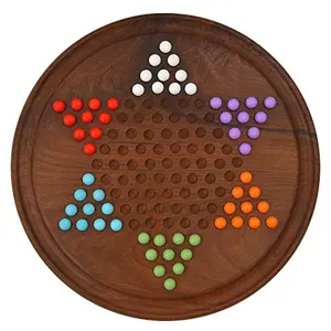 Toolart chinese checkers game set with 12-inch diameter round wooden board and acrylic bead extra 2 beads of each 6 colours- Brown