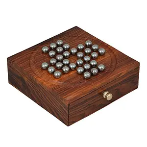 Wooden Handcrafted Solitaire Board Game Metal Balls Beads with Storage Drawer (Brown Small)