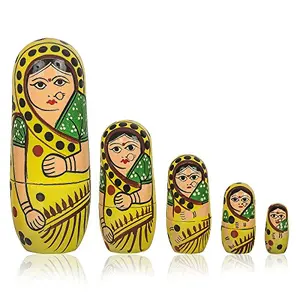Set of 5Pcs Hand Painted Cute Wooden Russian Matryoshka Stacking Nested Wood Dolls Yellow