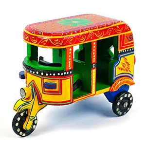 Toolart India Handmade Colorful Push and Pull Toys Wooden Auto Rickshaw ( No Battery Required)