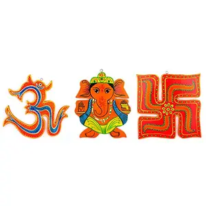 Combo of Om Symbol Ganesh Ji and Swastik Symbol Hand Made Wooden Wall Hanging | Wall Decor for Positive Energy for Home and Office Set of 3 (Color May Vary)