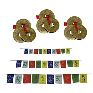 Combo of Prayer Flag for Home Car and Motobike with Set of Three Lucky Chinese Coins