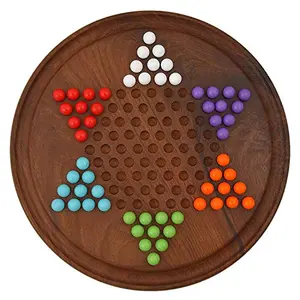 Toolart Chinese Checkers Game Set with 12 Inch Diameter Round Wooden Board and Acrylic Beads