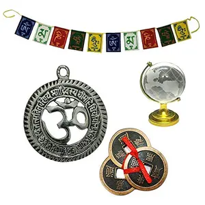 Combo of 3 Lucky Chinese 2" Coins with Red Ribbon/Hindu Symbol Sri Om Gayatri Pendant/Crystal Globe for Success/Buddhist 3 Feet Prayer Flags for Car/Motorbike - Multicolor