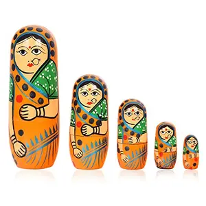 Hand Painted Cute Wooden Russian Matryoshka Stacking Nested Wood Dolls (Orange) -Set of 5 Pieces