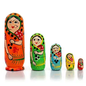 Toolart kids handmade hand painted cute wooden indian women nesting dolls - set of 5- Multi color