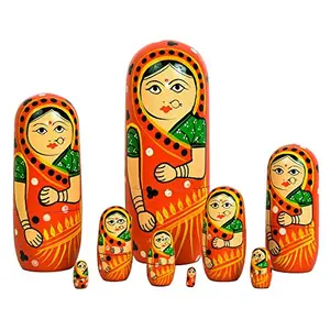 Set of 9 Piece Hand Paints Matryoshka Traditional Indian Nesting Stacking Wooden Nested Red Dolls Christmas