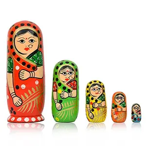 Kids Handmade Hand Painted Cute Wooden Indian Women Nesting Dolls - Set of 5