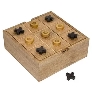 Wooden Game Set of 2 Games Tic Tac Toe Puzzle and Solitaire Board Game 8 inch